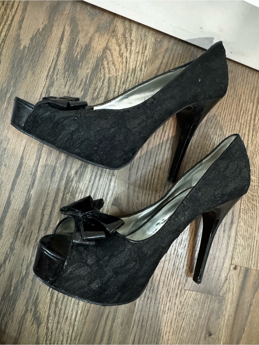Guess Black Lace Peep-Toe Platform Heels with Bow